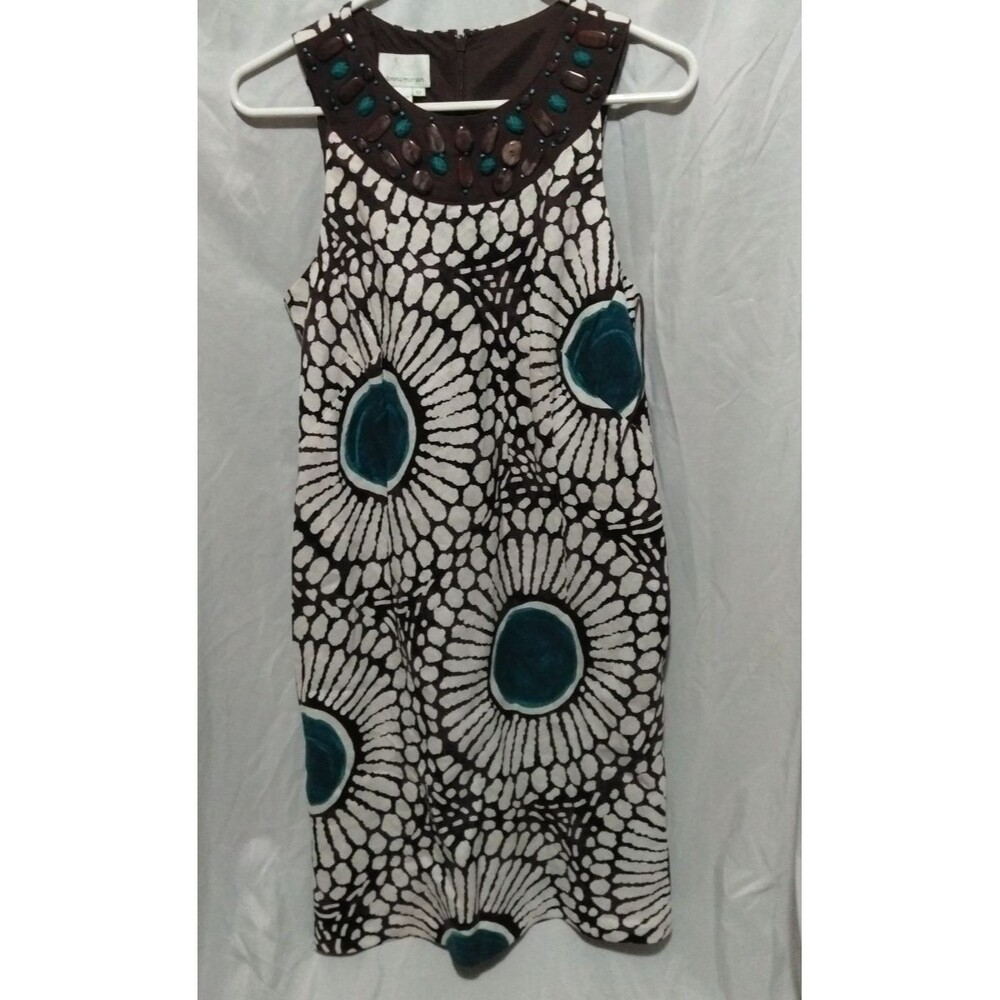 Donna Morgan Dress Size 12 Beaded Top Brown Blue And White Linen